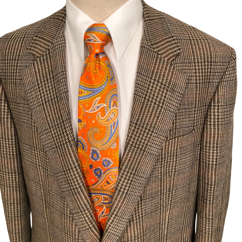 Hickey Freeman Blazer Bespoke Mens 46 XL Brown Glen Plaid Silk Wool Jacket USA
